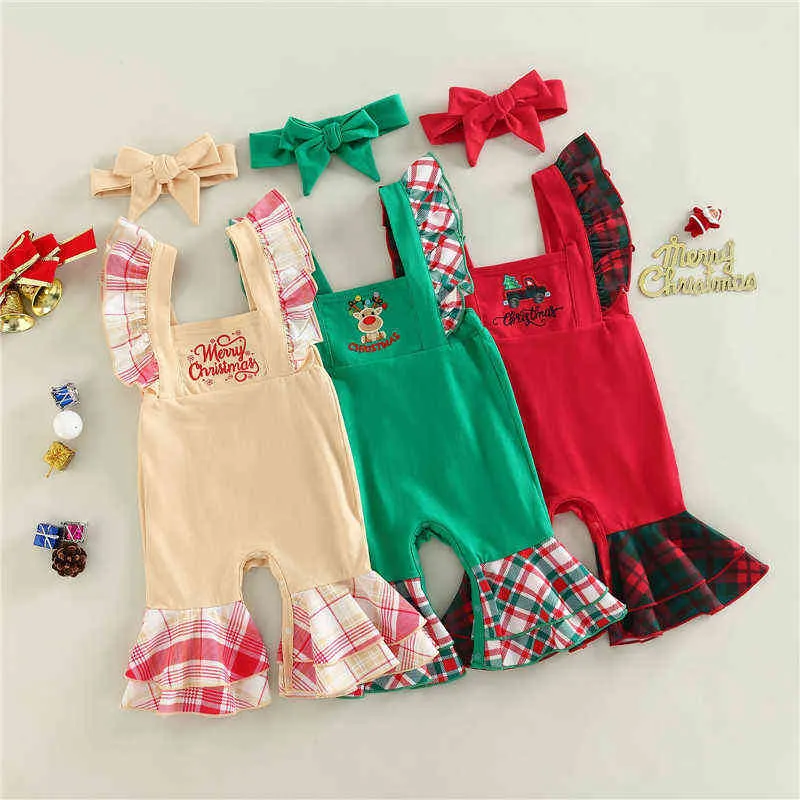 Rompers Toddler Baby Girl Boy Christmas Jumpsuit Letter Cartoon Borduurwerk Plaid Patchwork Rompers Flare Pants met hoofdband J220922