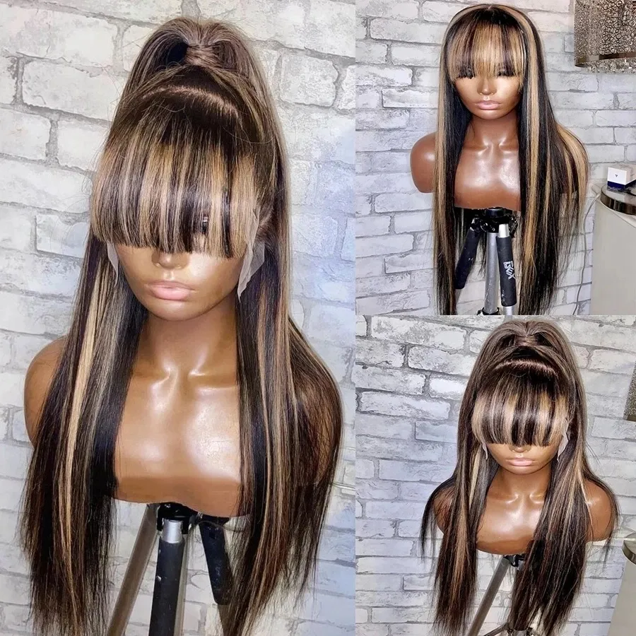 13X6 Lace Frontal Wig Fringe Blonde Highlight Silky Straight 360 Lace Front Human Hair Wigs with Bangs 5X5 Closure Wigss 180% Soft