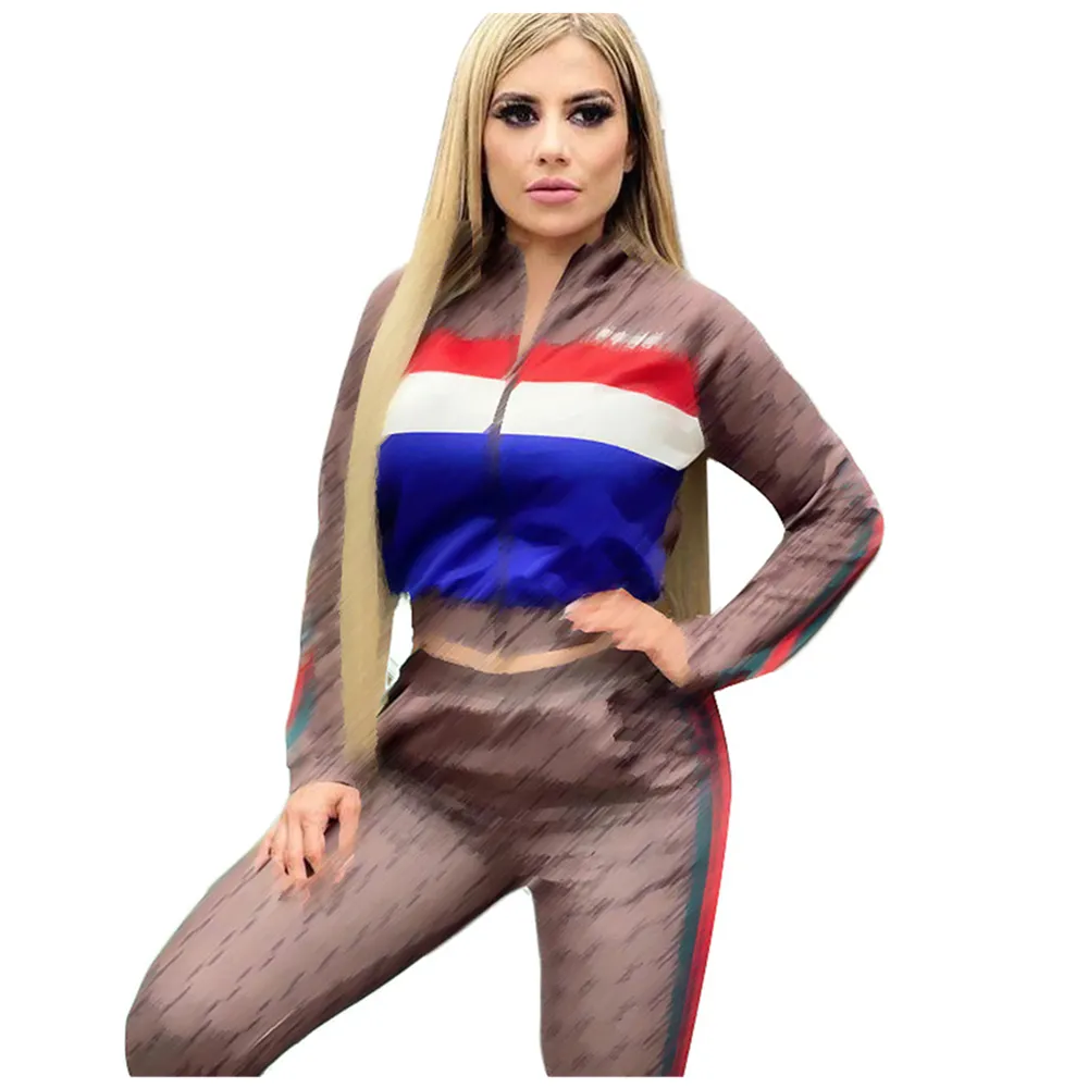 J2730 Autumn New Splicing Printed Tracksuits For Womens 2022 Long Sleeve Cardigan Zipper Tops And Sports Pants Casual 2 Piece Sets