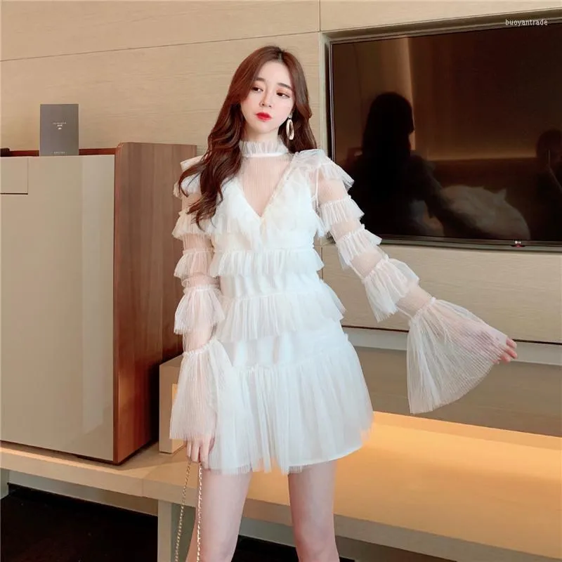 Sukienki swobodne marki mody słodki styl mesh impreza perspektywa damska odzież Koreańska flare rękaw wiosenny vestido de festa