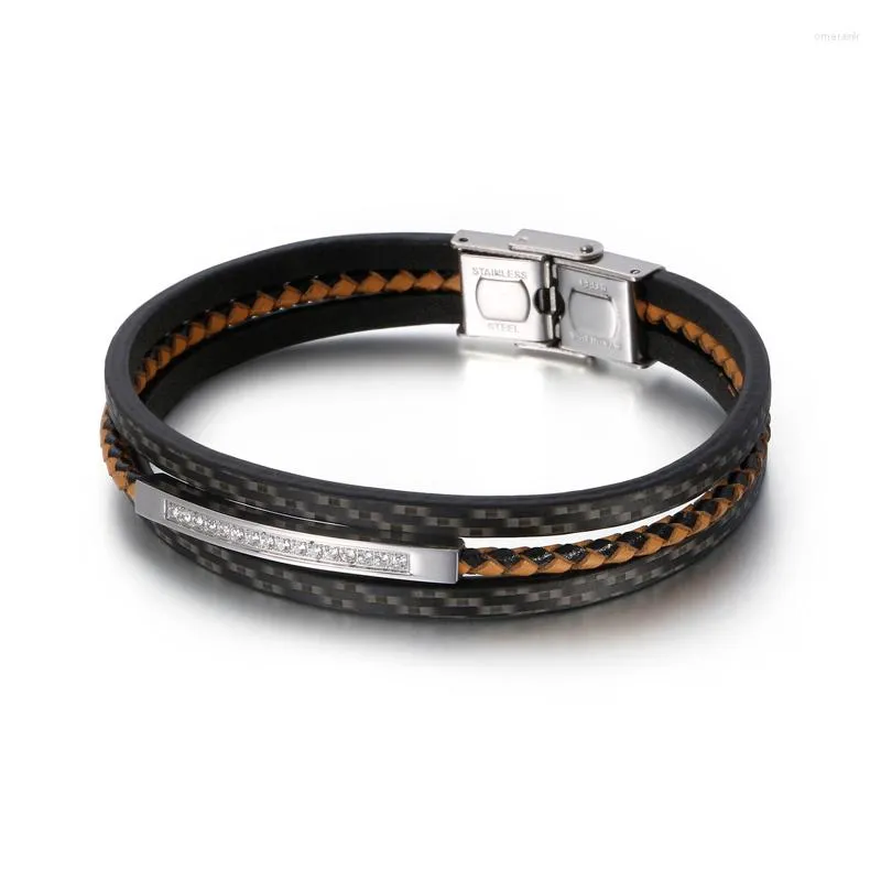 Bangle Fashion Multilayer Weaving Leather Men Bangles Gold Color Stainless Steel Square Zircon Bracelets Jewelry