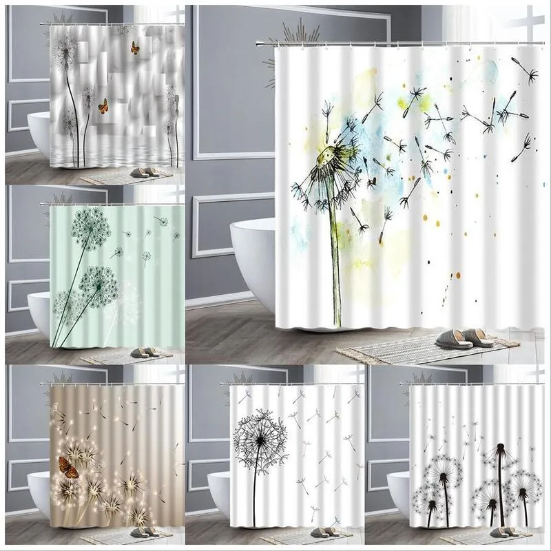 Tende da doccia Floreale Tarassaco Farfalla Acquerello Fiore naturale Semplice arredo bagno Tenda da bagno in poliestere Nero Bianco 220922