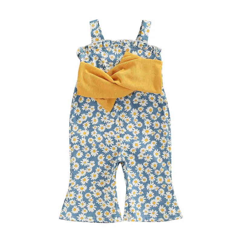 Rompers 024m Barn Playsuits Baby Girls Summer Clothes Daisy Tryckt ärmlöst Patchwork Bow Romper Jumpsuits Girls Totalt J220922