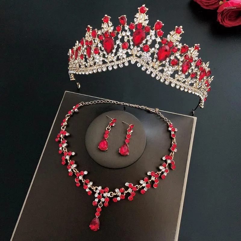 Halsband örhängen set mode röd strass zirkon brud bröllop krona kristall tiara och krönar hårprydnader kvinnor