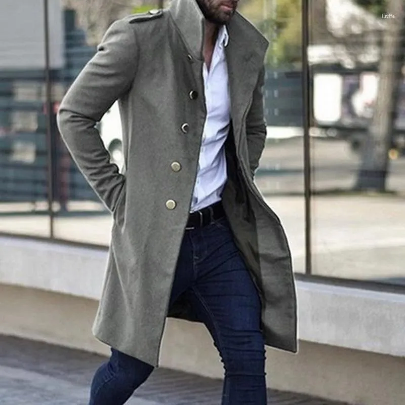 Men's Trench Coats Mens Overcoat Coat Men Jacket Slim Solid Color Wild Standing Collar Single-Breasted Long Casual