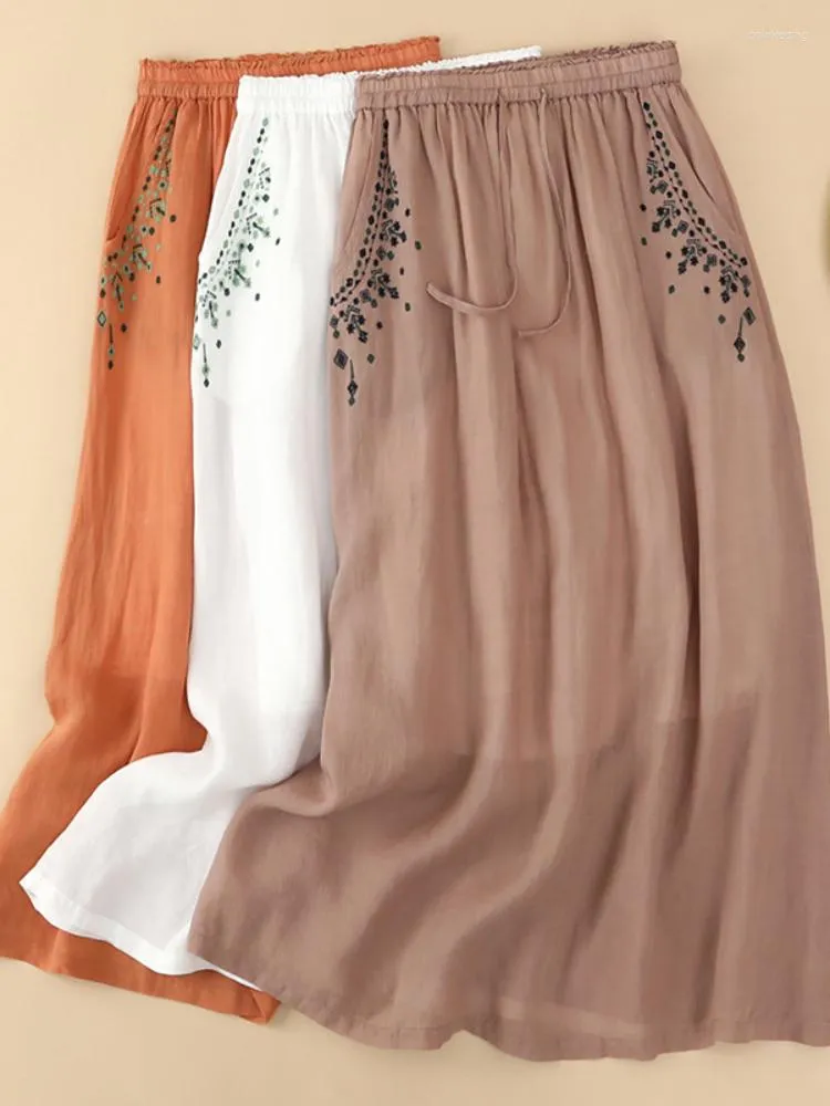 スカート夏の女性のスカートファッションカジュアルリネン刺繍ワードペンダントポケットルーズシンスリムコットンロング