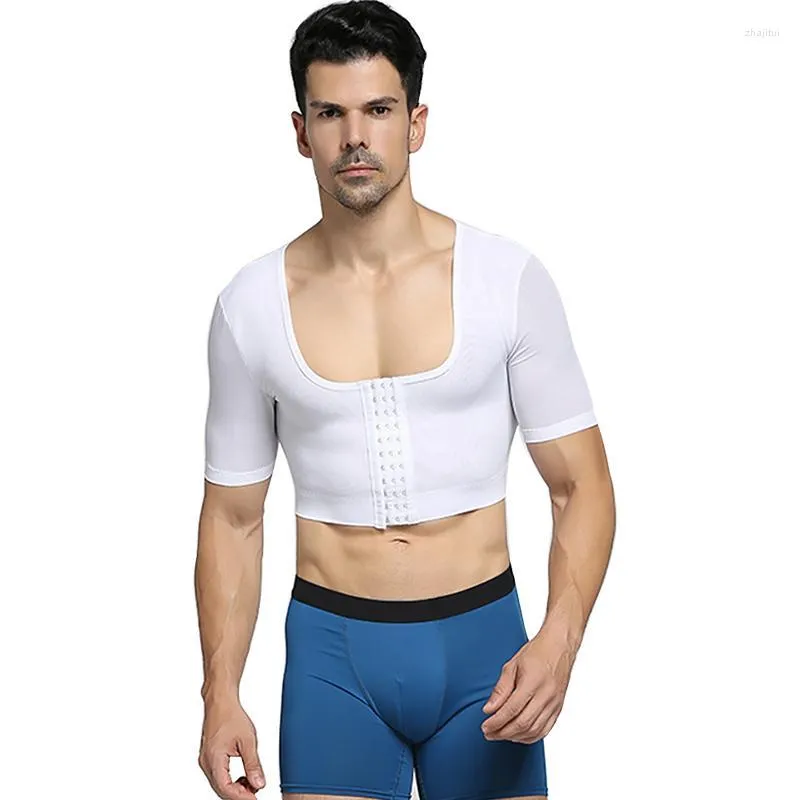 Heren lichaam vormt heren ademend gaasvorming shirt buikbegeleide taille trainer korset mannen slanke shaper u-neck wit naadloos