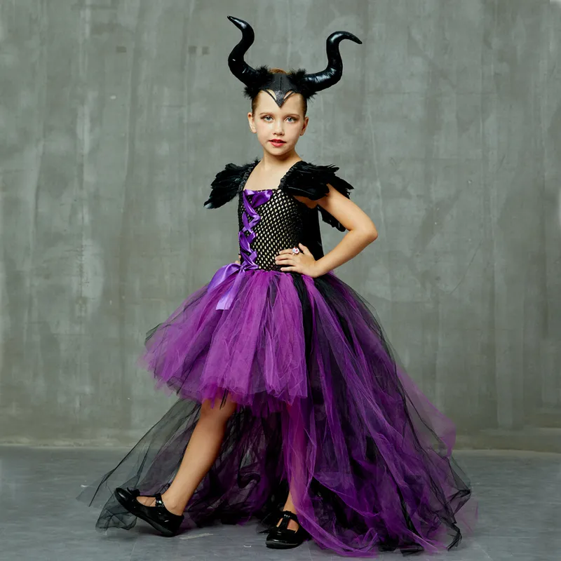 Girls Tutu Dress Maleficent Evil Queen dress and Horns Halloween Cosplay  Witch Costume for Kids Children christmas Party Dress