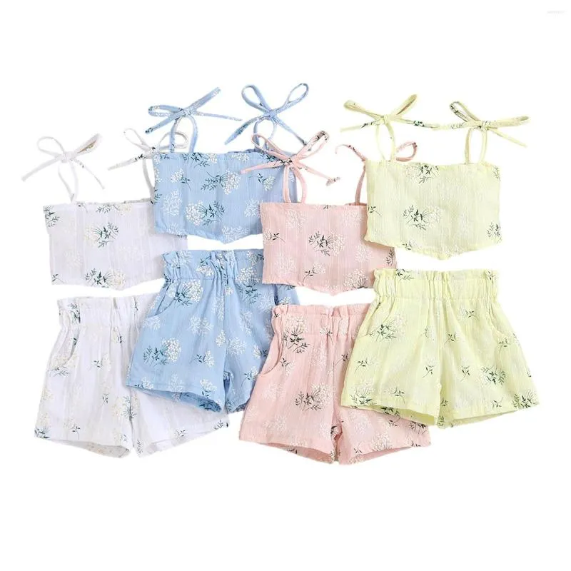 Kleding Sets Mode Baby Meisjes Bloemenprint Kleding Set Onregelmatige Zoom Mouwloze Cropped Tops Korte Broek Voor Zomer 6M-4T