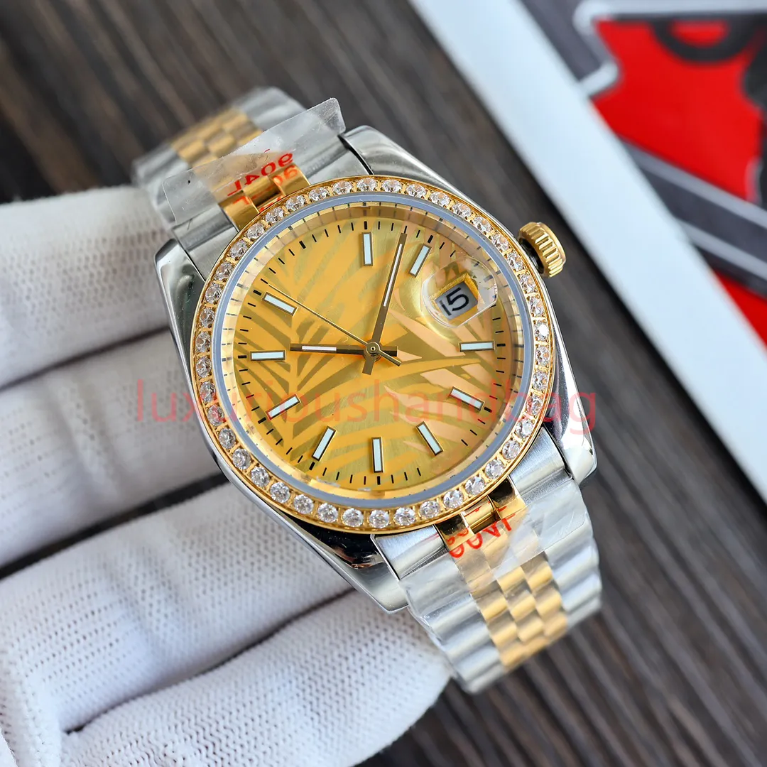 Luxury Men's Watch Date Just Automatic Mobile Designer Women's Watch Gold Dial Palm Leaf Pattern 36mm 904L Stainless Steel Automatic Mechanical Watch