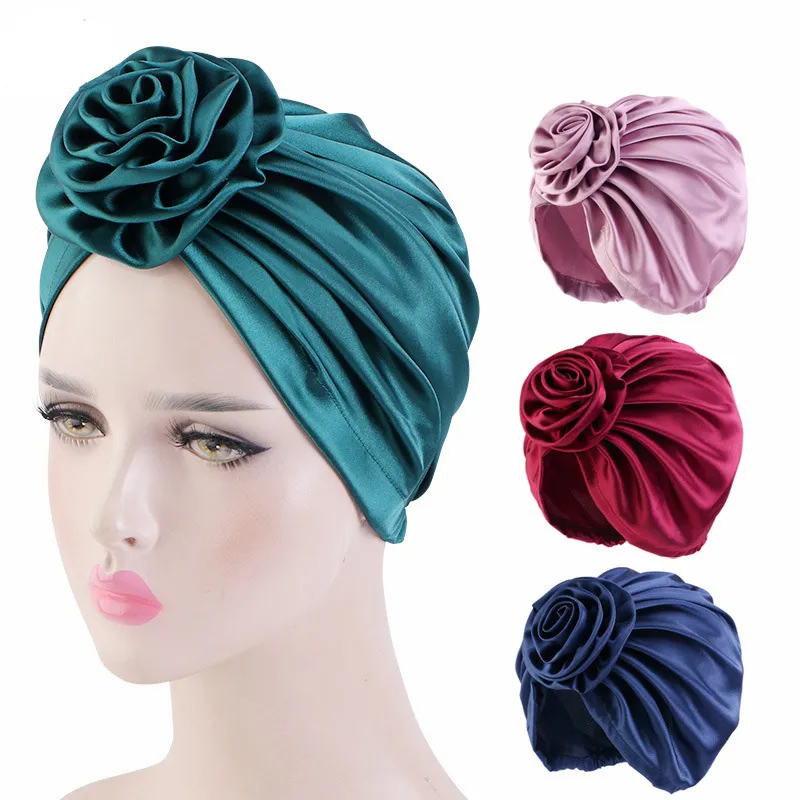 Elegant Flowers Women Satin Bonnet Soft Female Silky Bandana Headband Sleeping Hat Hair Care Cover Cap Muslim Solid Color Hijabs