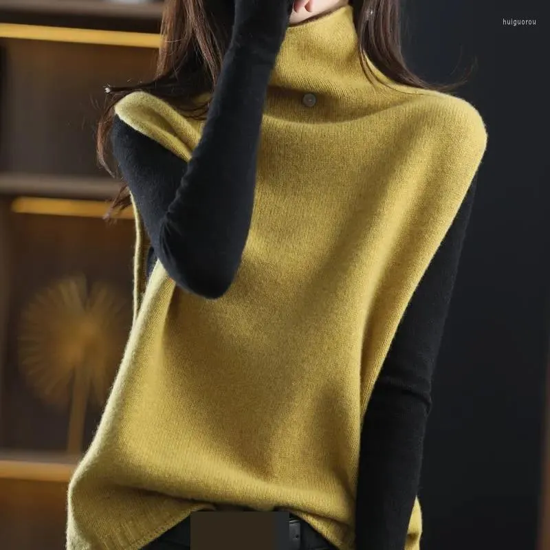 Camisolas femininas Cashmere Sweater Vest Autumn Winter Style Mleesele Top High Collar Botão de lã solta de malha