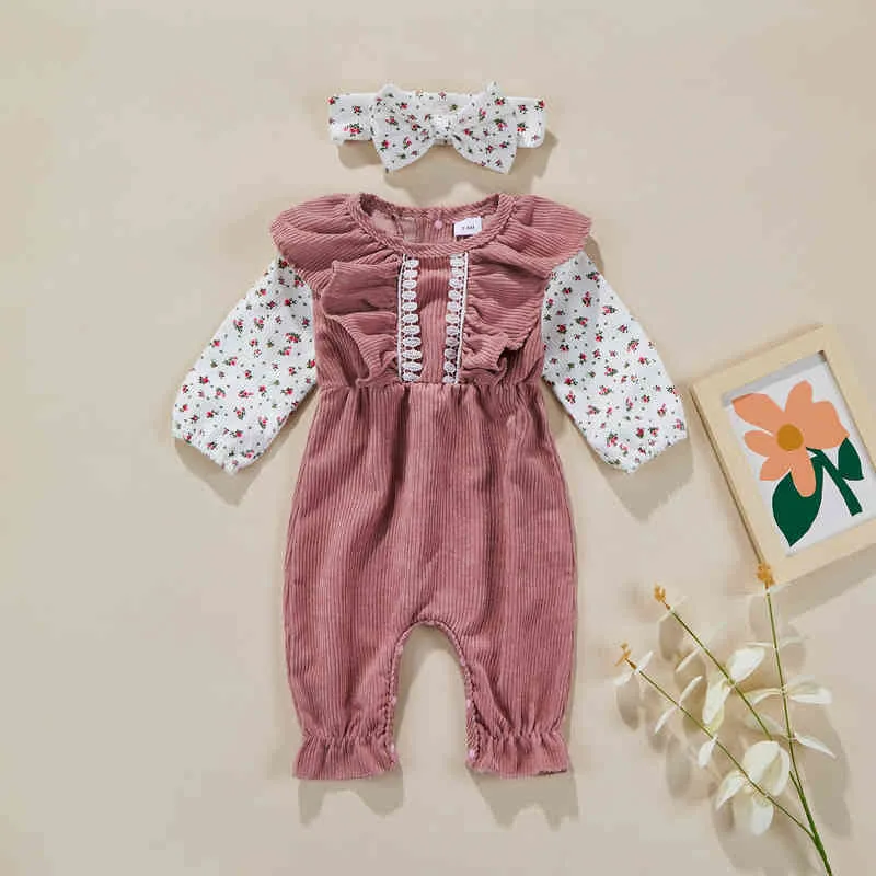 Rompers 018M Spring Girl Corduroy Jumpsuit Flower Print Patch Ruffle Tassels Long Sleeve Romper Headband Sweet 2 Piece Outfit J220922