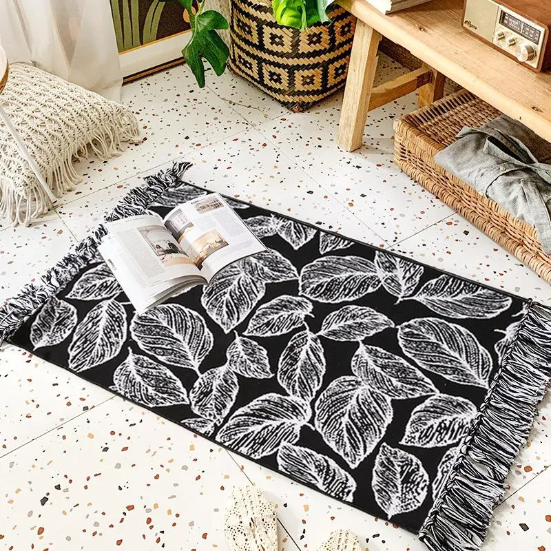 Tapijten Home Boho Decor Geometrische Patern Tassel Zwart Handgemaakte katoenen linnen Macrame Woven mat portier Badbad Tapijt 60x90