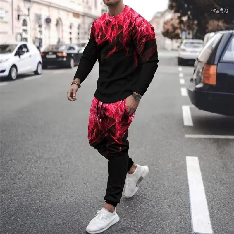 Męskie dresy męskie męskie dressit 2 -częściowy zestaw duży koszulka THE THE THE LONG SLEEVES PROUSERS Kolorowy płomienie swobodne sportowe moda męska