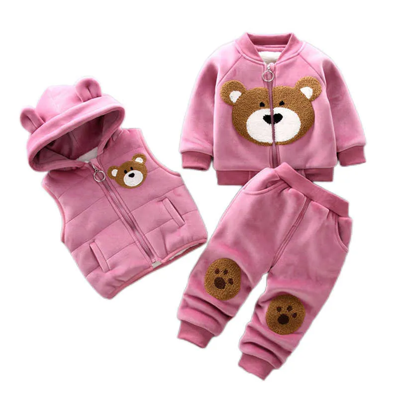 Meninos outono inverno roupas de beb￪ conjuntos de l￣ grossos de cartoon urso cal￧as de colete de colete 3pcs Terno esportivo de algod￣o para meninas roupas quentes