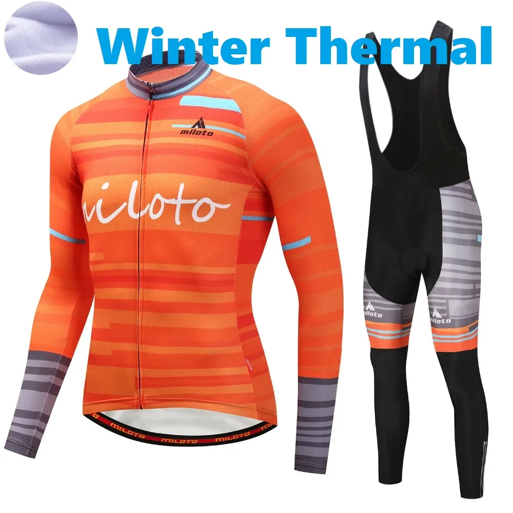 2024 Pro Mens Waves Orange Winter Cycling Jersey Set Long Sleeve Mountain Bike Cycling Clothing Breathable MTB Bicycle Clothes Wear Suit B35
