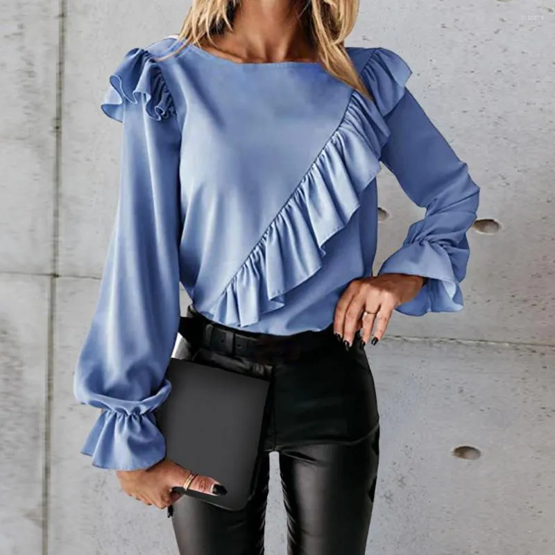 Women's Blouses Women Shirt Blouse O-Neck Long Sleeves Autumn Top Ladies Ruffles Decor Solid Color Tunic Pullover Female Streetwear