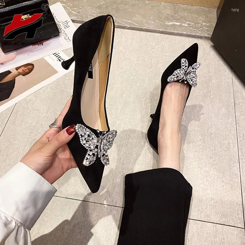 Dress Shoes 2022 Women High Heel Pointed Toe Rhinestones Bow-Knot Single Spring Autumn Black Woman Small Heels