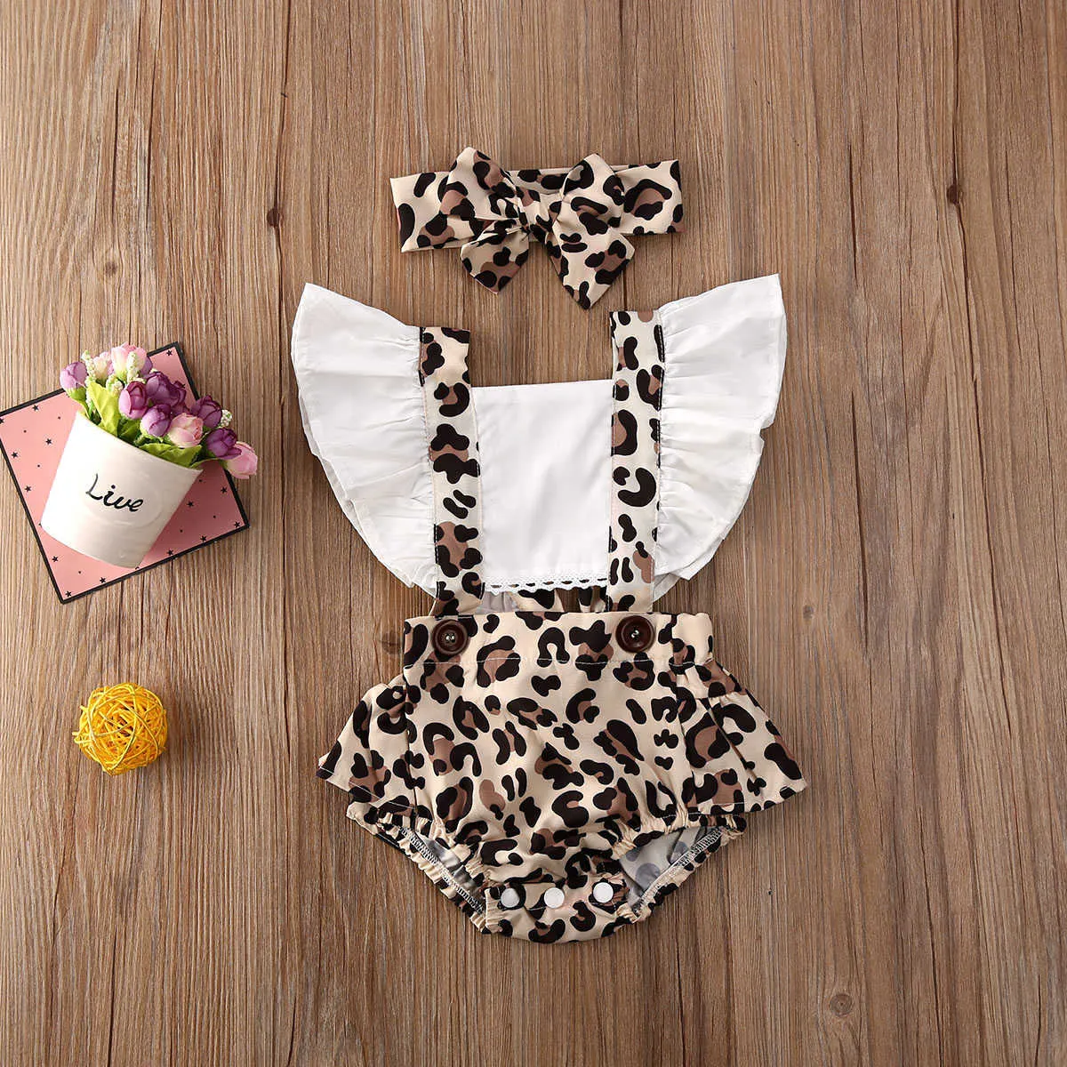 Mamelucos Baby Girls Leopard Print Mono Set Summer Girl Sin espalda Mangas voladoras Cuello cuadrado Romper Bow Diadema J220922