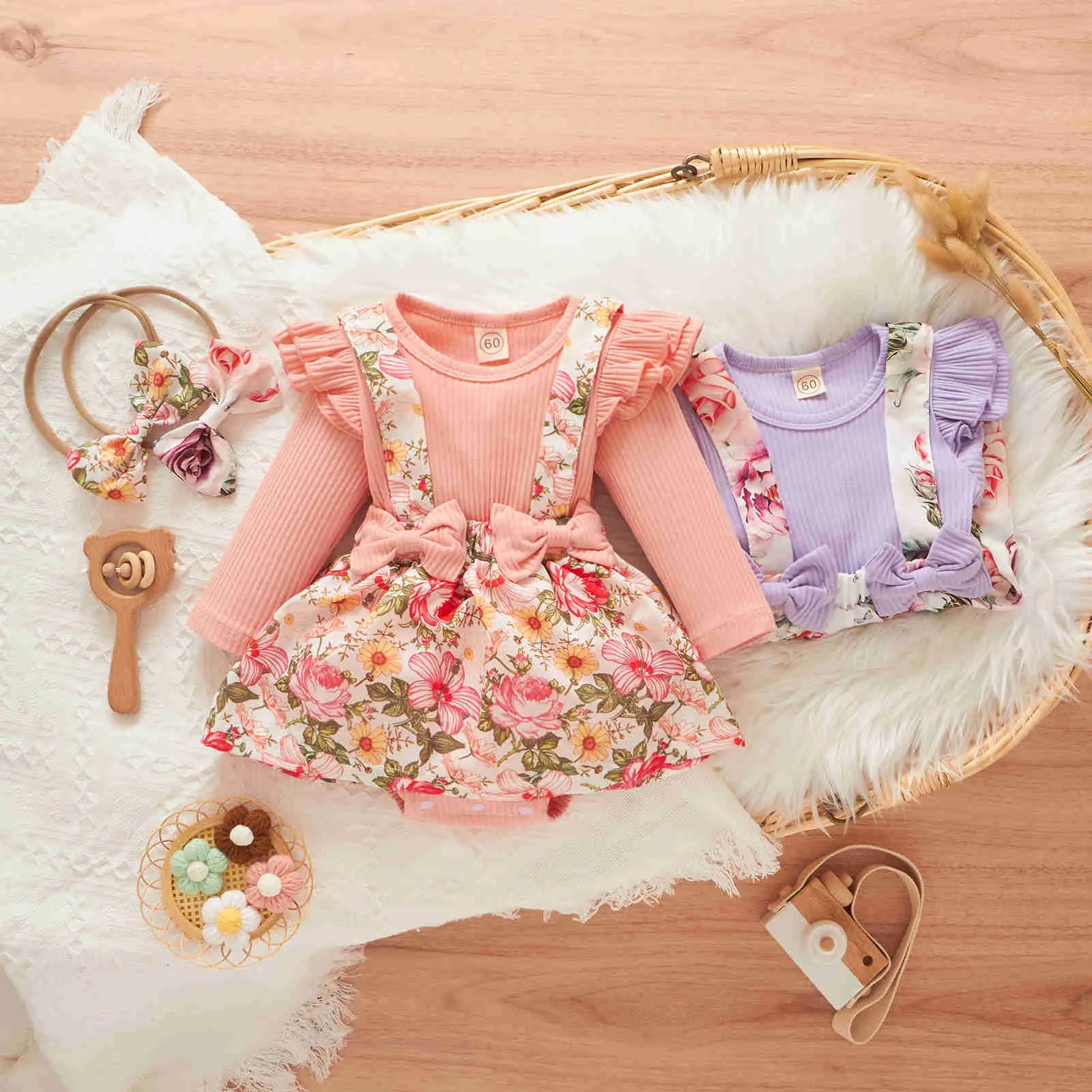 Strampler Baby Mädchen Kleidung Herbst Neue Baumwolle Blumen Gedruckt Dreieck Bodysuit Overall Lange Ärmel Overall Für Neugeborene Zwei Stück J220922