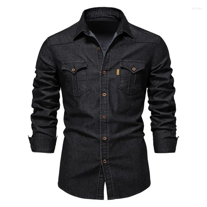 Camicie casual da uomo 2022 Trend Taglia USA Camicia in denim non stirabile Tinta unita da uomo a maniche lunghe