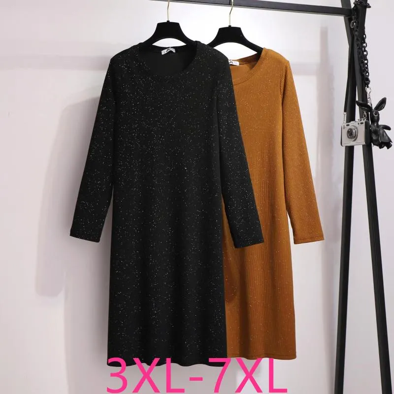 Plus Size Kleider 2022 Herbst Winter Pullover Kleid Für Frauen Dünne Beiläufige Langarm Gerade Schwarz Pailletten Stricken 4XL 5XL 6XL 7XL