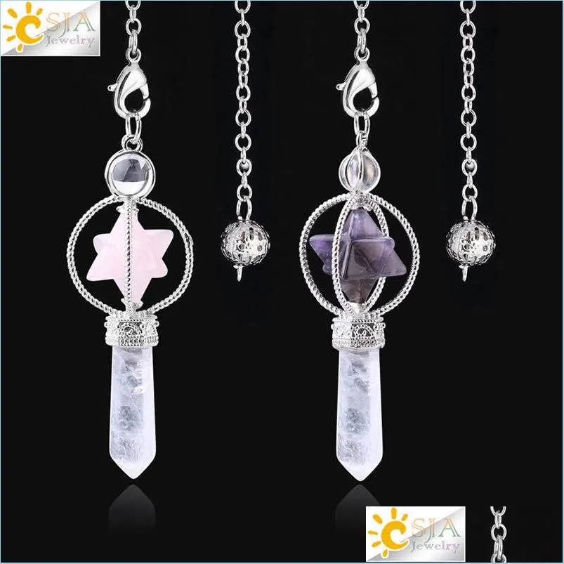 Charms Merkaba Pinking Pendum Quartz Naturalny Kamień Kryształowy Róż Róż Reiki Healing Pende Pendant Pendums for Radiesthesia 1676 V2 Drop dh5bp