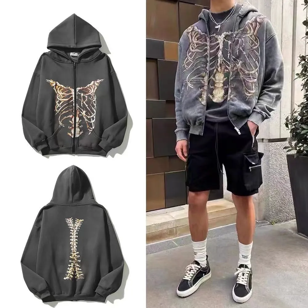 Erkek tasarımcı ceket kapüşonlu kapüşonlu fermuar yukarı iskelet kemik sokak kıyafeti sweatshirtler kazak rahat unisex cadde japonya trend hip hop mektup