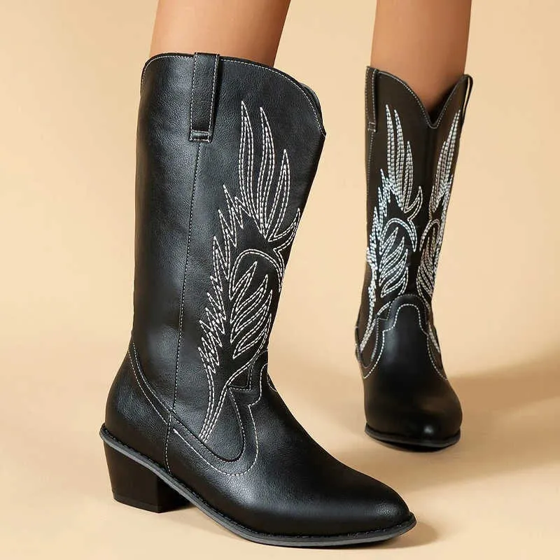 Buty 2022 Winter Women Cowboy Western Totem Gingham Pu Skórzowe buty wysokie obcasy stałe kolory ślizgowe Chelsea de Mujer Y2209