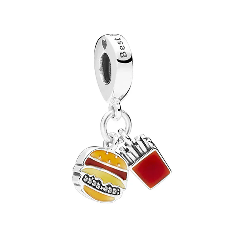 Burger and Fries Pendant 925 Sterling Silver Charm Womens Jewelry Jomens Beads with pox pox الأصلي لمجموعة لقرار باندورا سوار صنع سحر