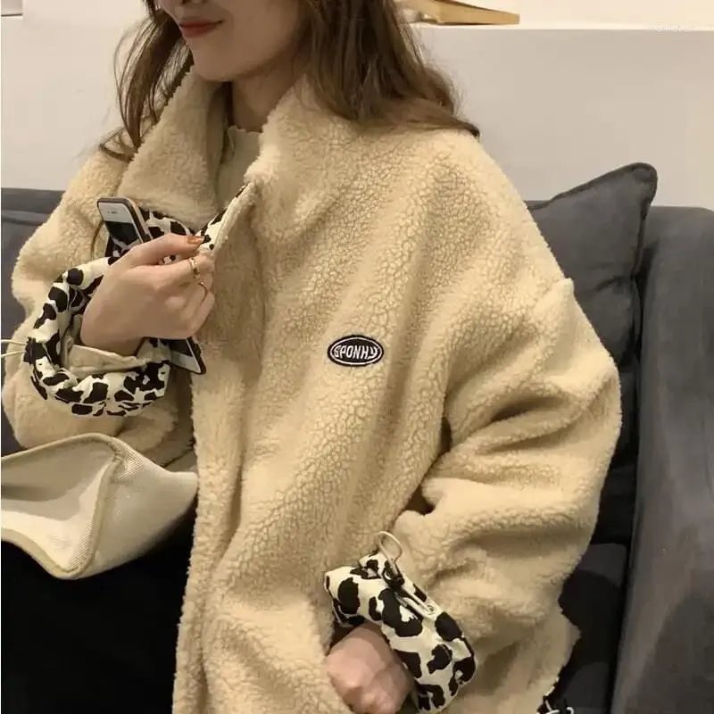 Women's Trench Coats Double-sided Lamb Velvet Cotton Jacket Leopard Print Female Student Korean Loose Stand-up Collar Windbreaker Winter