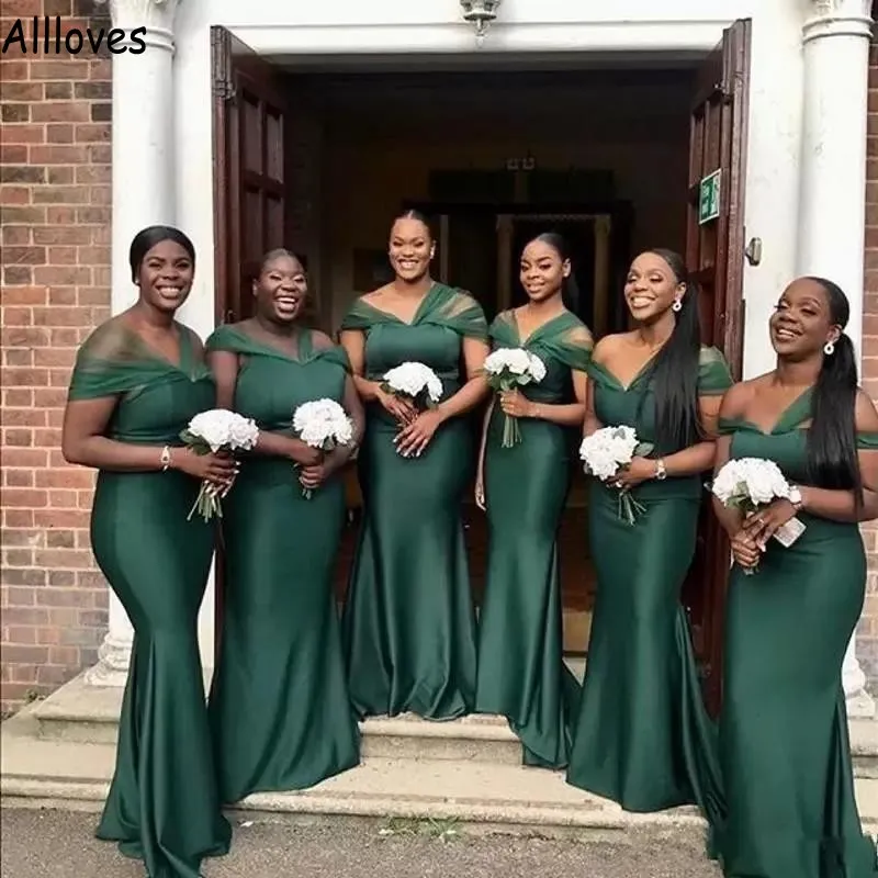 Koyu yeşil Afrika nedime elbiseler uzun denizkızı zarif saten kapalı omuz artı düğün konuk primleri süpürme tren tren onur elbise resmi parti cl1181
