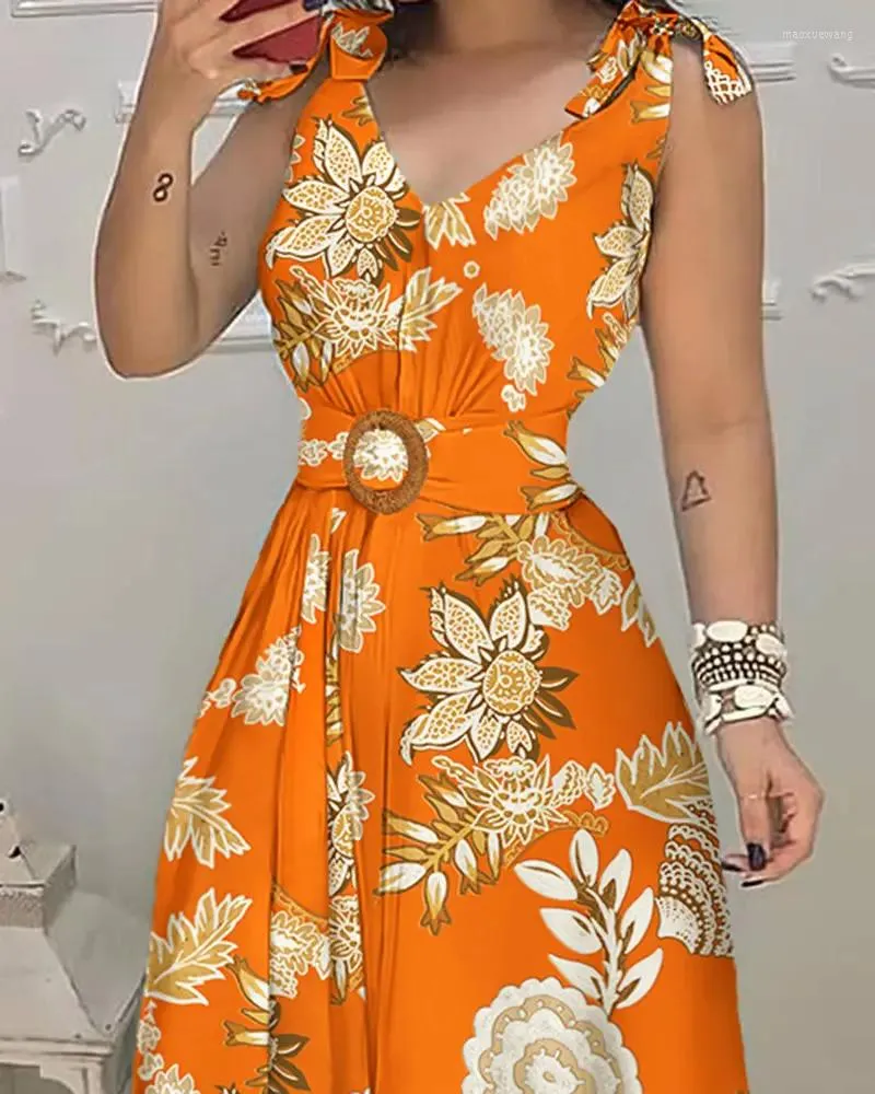 Casual Dresses 2022 Summer Woman Chic V-hals Floral Print bundet B￤ltet Design ￤rml￶s Maxi-semesterkl￤nning