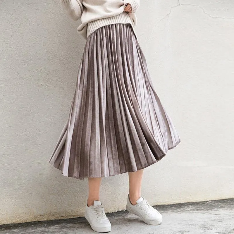 Skirts Spring 2022 Women Long Metallic Silver Maxi Pleated Skirt Midi High Waist Elascity Casual Women's Clothing Party