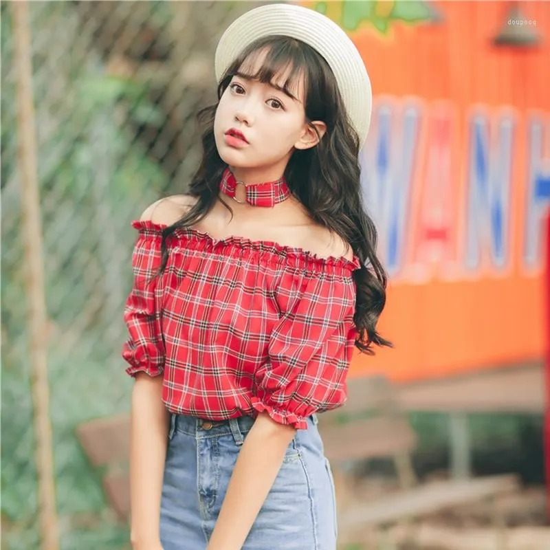 Women's Blouses 2022 Summer Fashion Sexy Halter Off Shoulder Casual Crop Tops Plaid Shirt Top Strapless Printed Short Sleeve Blouse Women