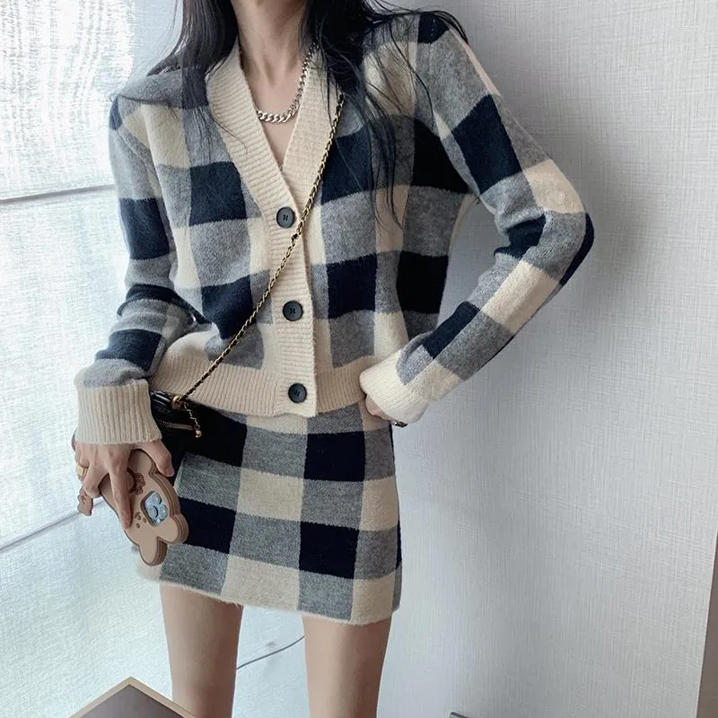 Work Dresses HziriP Fashion OL Knitted Sweater 2 Pieces Set Autumn Winter V-neck Cardigan Jacket Mini Skirt Suits Female Woman Clothes