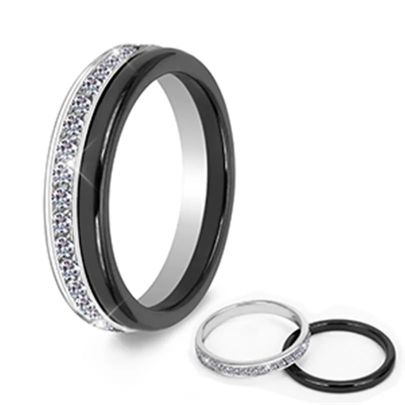 2 stks set klassieke zwarte keramische ring mooi krasbestendig gezonde materiële sieraden voor vrouwen met bling crystal mode ring277s