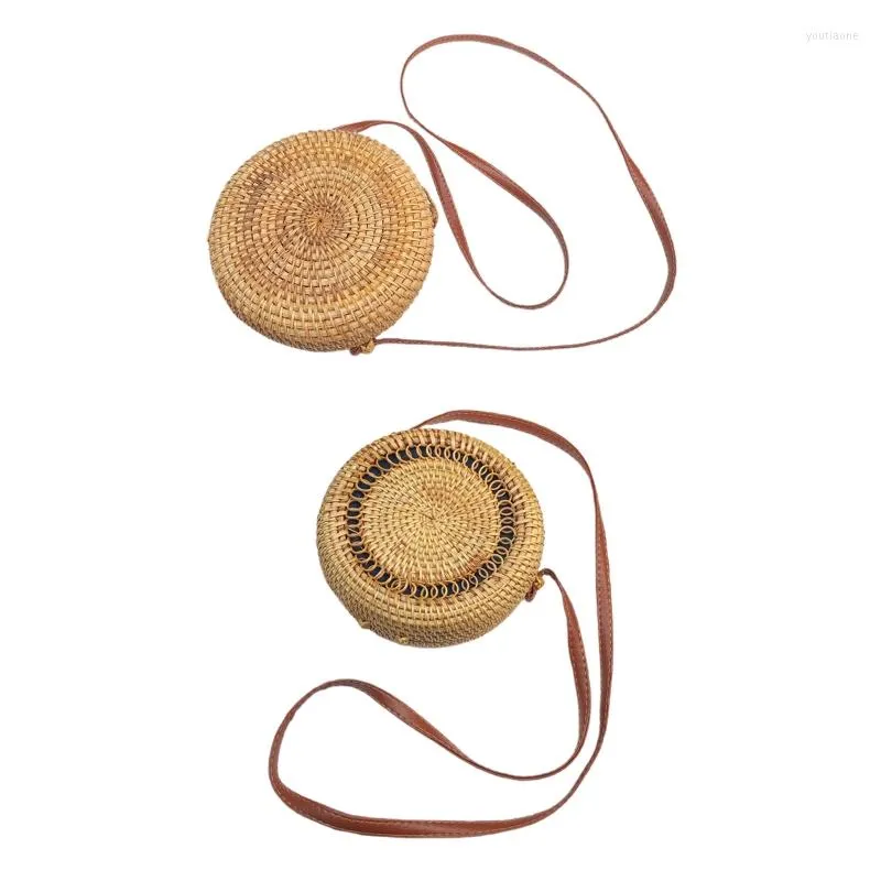 Aufbewahrungstaschen HX5B Tragbare handgefertigte Rattan-Umhängetasche, einfaches Design, handgewebte Strohtasche, gewebte Sommerferien-Strandhandtaschen-Requisiten