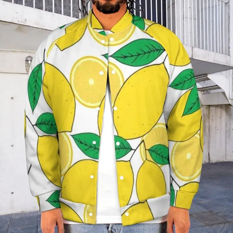 Men's Jackets Lemon Print Baseball Jacket Green Leaves Vintage Streetwear Varsity College Man's Coats