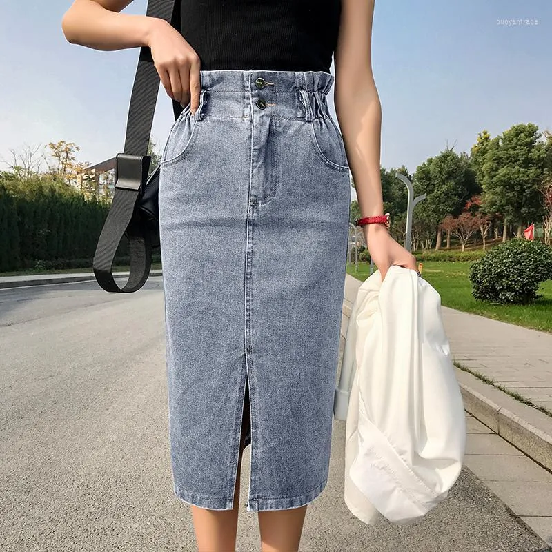 Skirts 2022 Summer High Elastic Waist Women Long Denim Skirt With Belt Blue Black Slit A Line Jeans Streetwear Saia