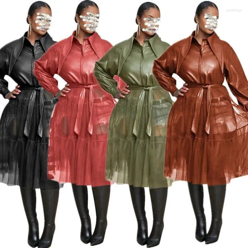 Trenchs de femmes Manteaux d'automne pour femmes Femmes Mode Couleur Solide Longue maille Gaze Couture Manteau en cuir PU avec ceinture Manches féminines