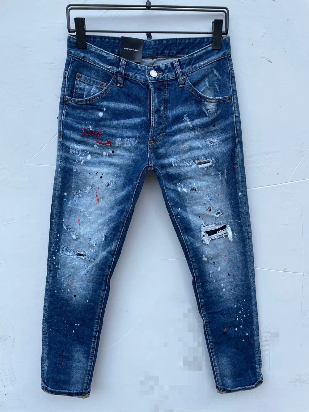 Jeans da uomo in denim slim fit invecchiato jeans da passerella toppe pantaloni in cotone blu lavati jeans comodi classici