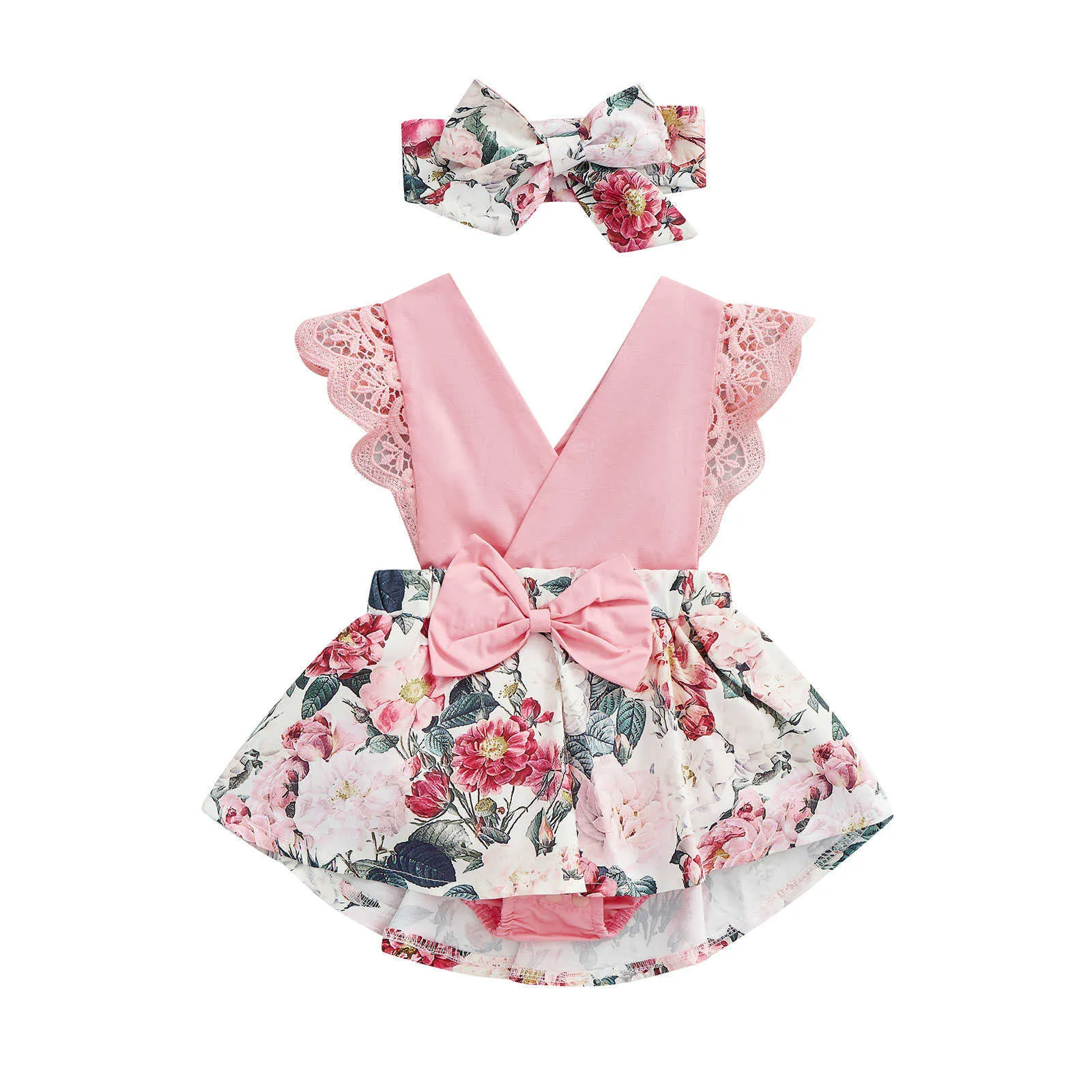 Rompers sommar nyfödda baby flickor romper pannband bomull ärmlös blommig rompers barn jumpsuit mode babykläder J220922