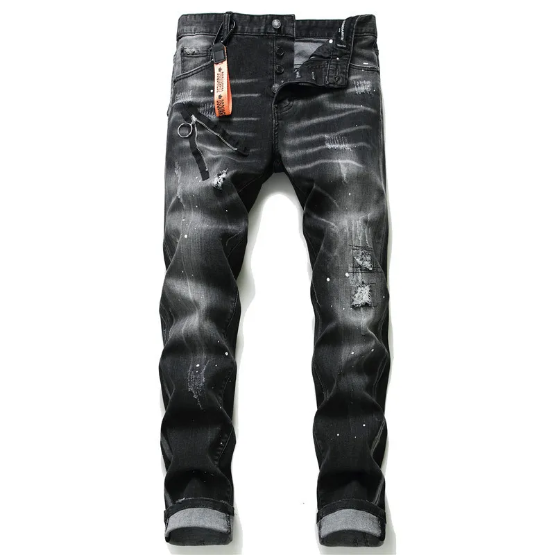 Бренд Мужские дизайнерские джинсы расстроенные рваные байкерские байкеры Slim Fit Luxury Denim для мужчин моды Черные брюки Pour Hommes Pantalon