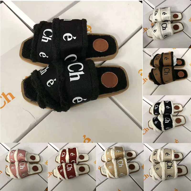 Lyxdesigner Kvinnor tofflor damer ull glider vinter p￤ls fluffig p￤ls varma bokst￤ver bekv￤ma fuzzy flicka flip flop toffel sandal strand slid plattform sko