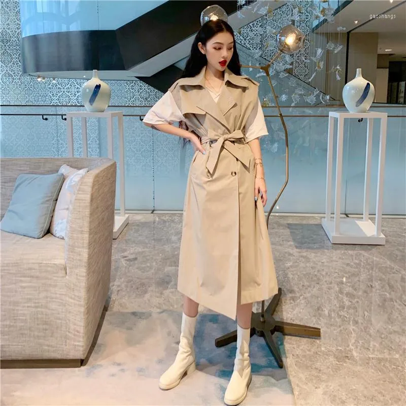 Women's Trench Coats Women's Short Sleeve Vest Coat Korean Double-Breasted Long With Belt Office Lady Windbreaker Spring Autumn Cloak