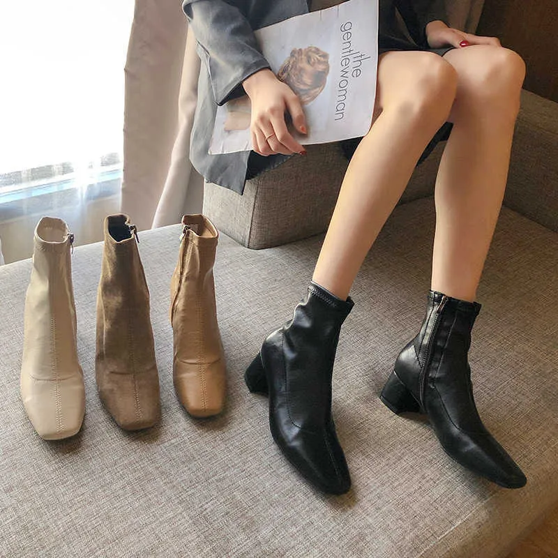 Boots Autumn Winter Women Zipper Square Toe Elastic Suede Woman Kort bomulls Ankel Kvinnors Botas Mujer 2020 Ny Drop Y2209