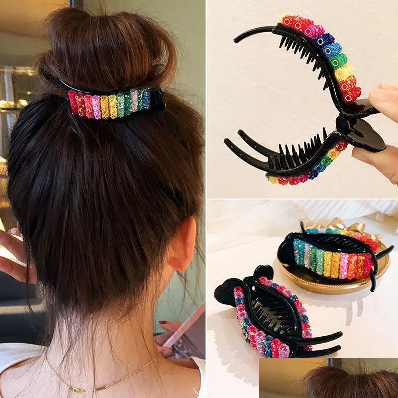 Hair Clips Barrettes Rainbow Bow Hair Clips Women Candy Color Meatball Head Hairdresser Barrettes Black Sequins Jewelry Hairpin Acce Dh4Do