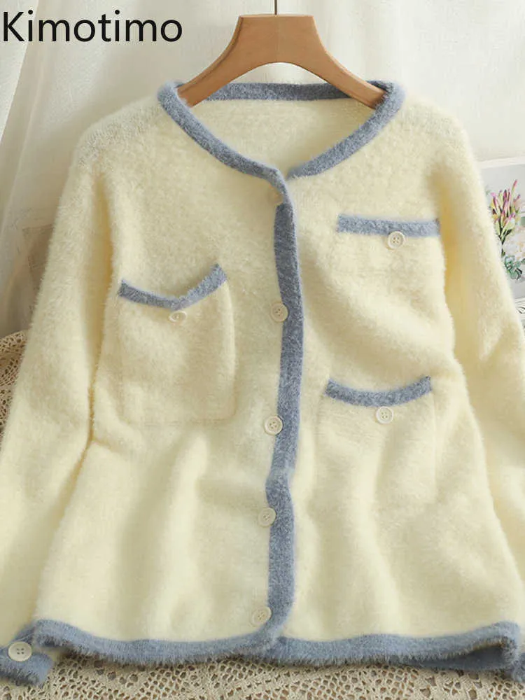 Dames truien kimotimo 2022 herfstvest vrouwen nieuwe ronde nek meerdere zakken pluche trui jas Koreaanse mode losse hit kleur gebreide tops J220915
